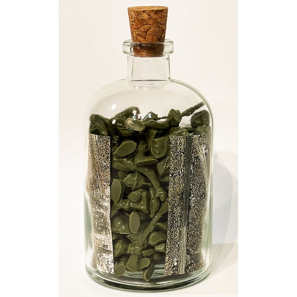 <br/>Borrego Praetorian back, 10/9/2025<br/>Apx 6½" x 3" x 3"<br/>glass, paper, ink, cork and plastic